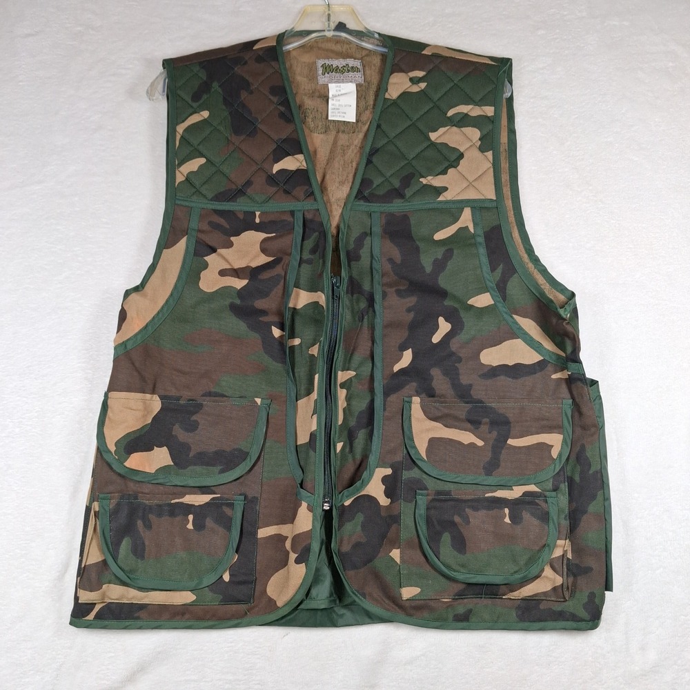 VTG Master Sportsman Hunting Vest Mens Large Camo Quilted Shoulder Game Bag Zip